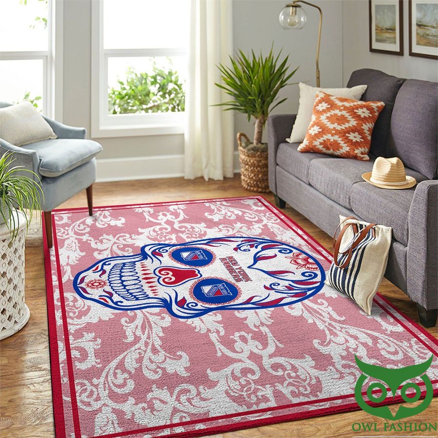 New York Rangers NHL Team Logo Skull Style Flower Pink Carpet Rug