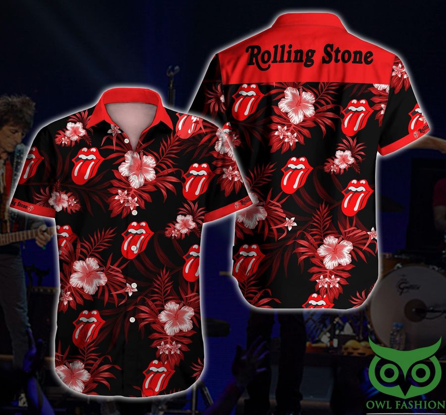 The Rolling Stones Lips and Tongue Floral Red Hawaiian Shirt