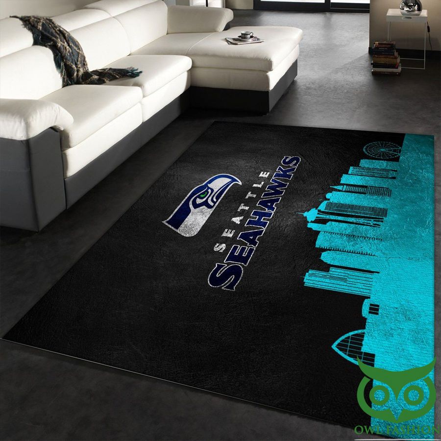 NFL Seattle Seahawks Team Logo Glossy Black Turquoise Bulding Carpet Rug