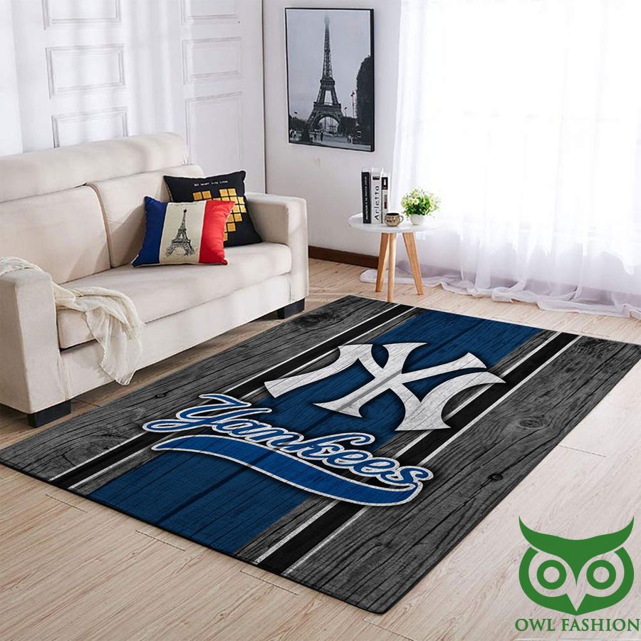 New York Yankees MLB Team Logo Wooden Style Blue Gray Carpet Rug
