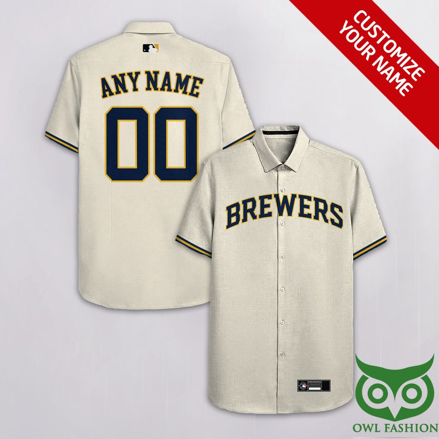 Custom Name Number Milwaukee Brewers Beige Hawaiian Shirt