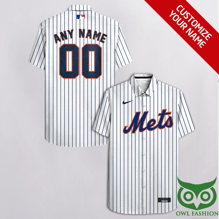 Custom Name Number New York Mets Blue Stripes White Hawaiian Shirt