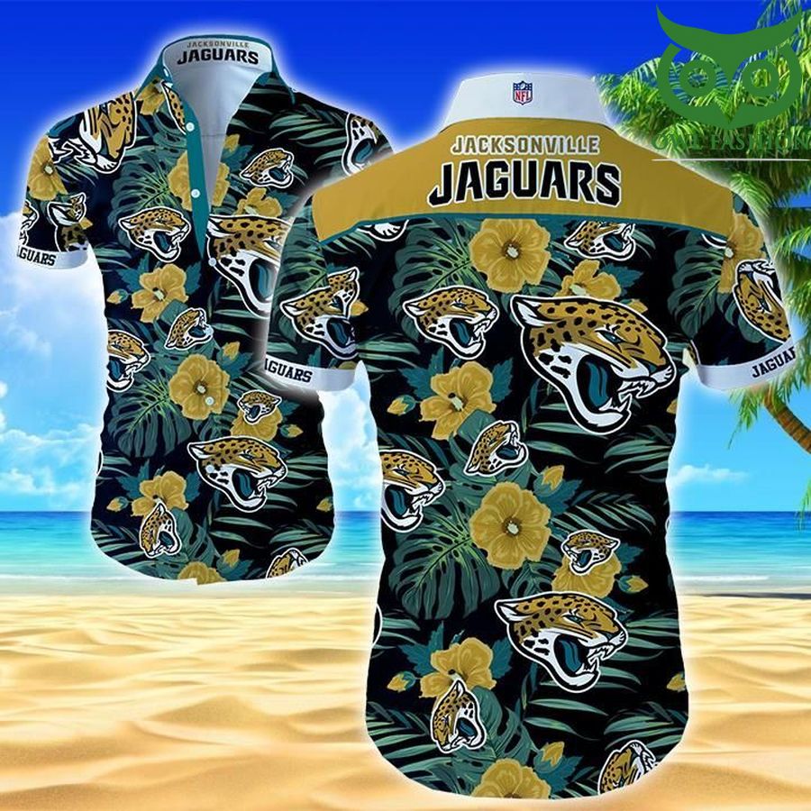 Nfl Jacksonville Jaguars signature logo on tropical plants Hawaiian Shirt