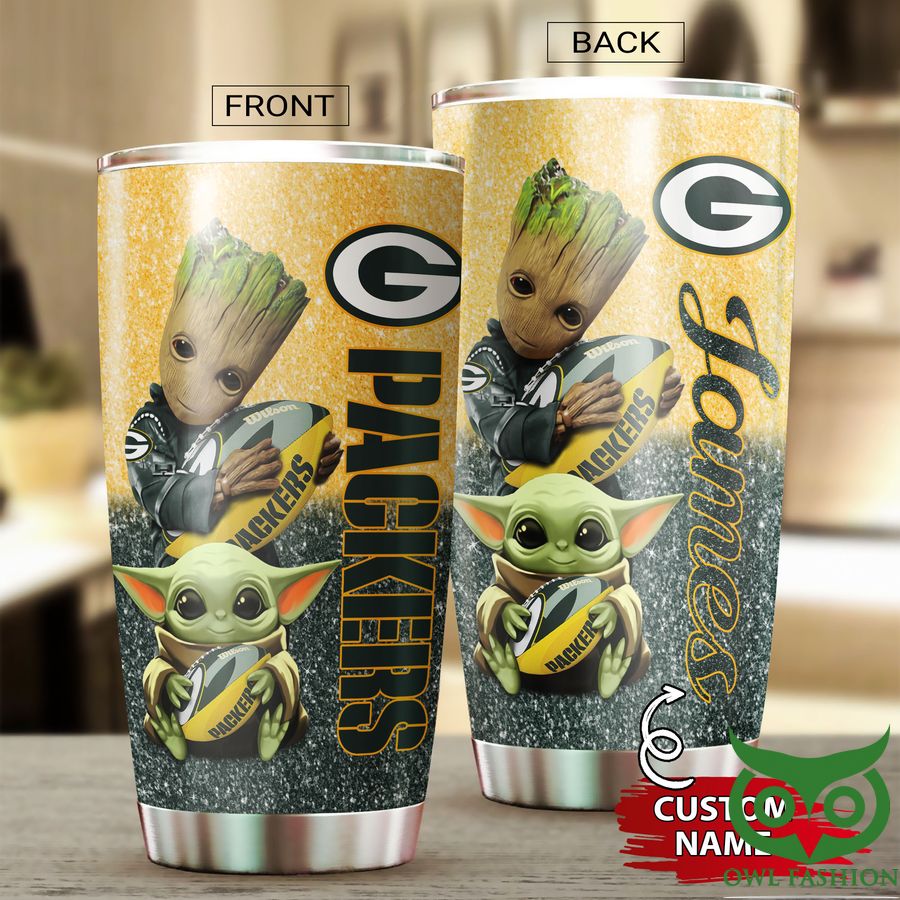 Custom Name Groot Green Bay Packers Yellow and Dark Gray Tumbler Cup