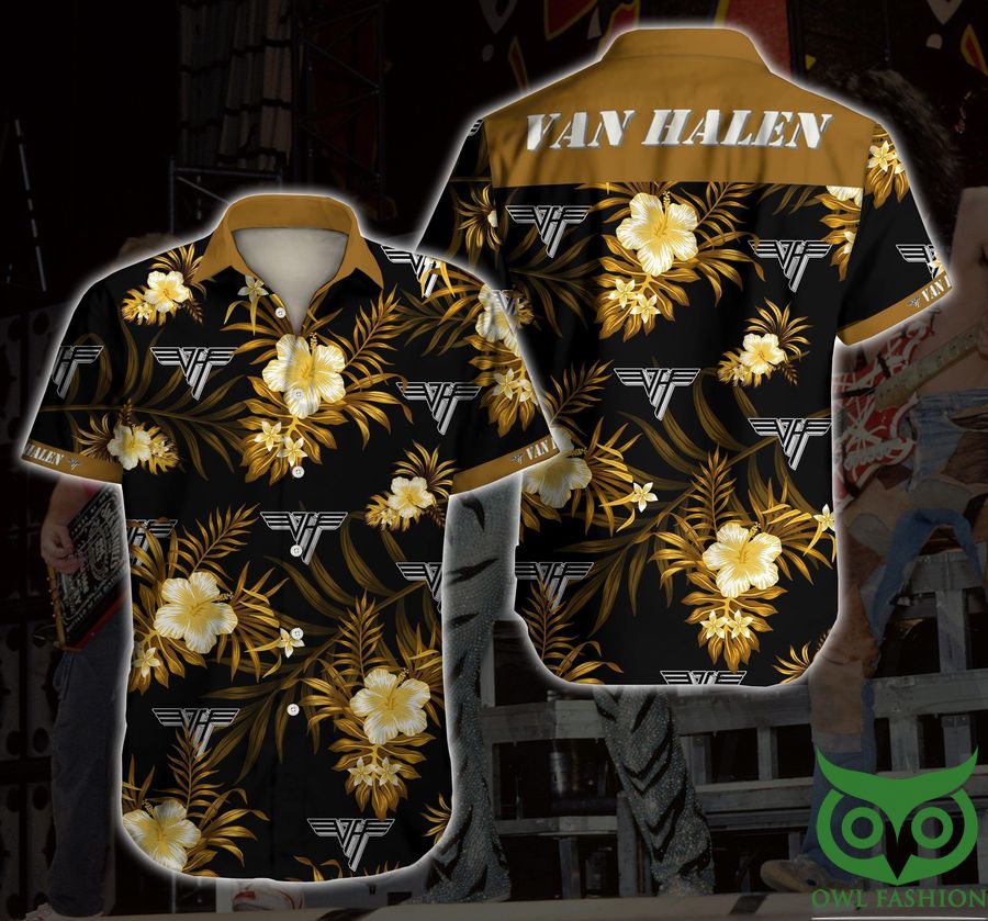 56 Van Halen Rock Band Yellow Floral Black Hawaiian Shirt