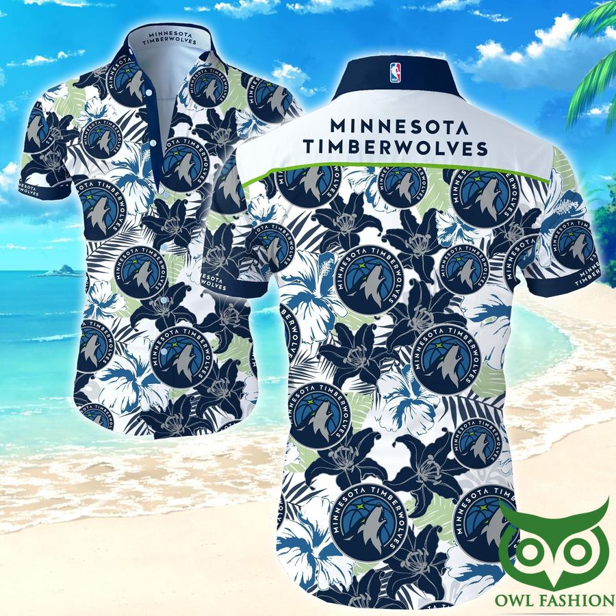 NBA Minnesota Timberwolves White and Dark Blue Flowers Hawaiian Shirt 