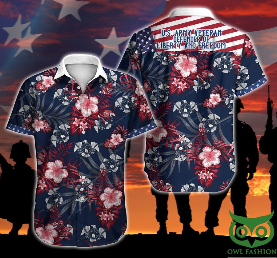 US Veteran with Flag Red and Dark Blue Flowers Hawaiian Shirt 