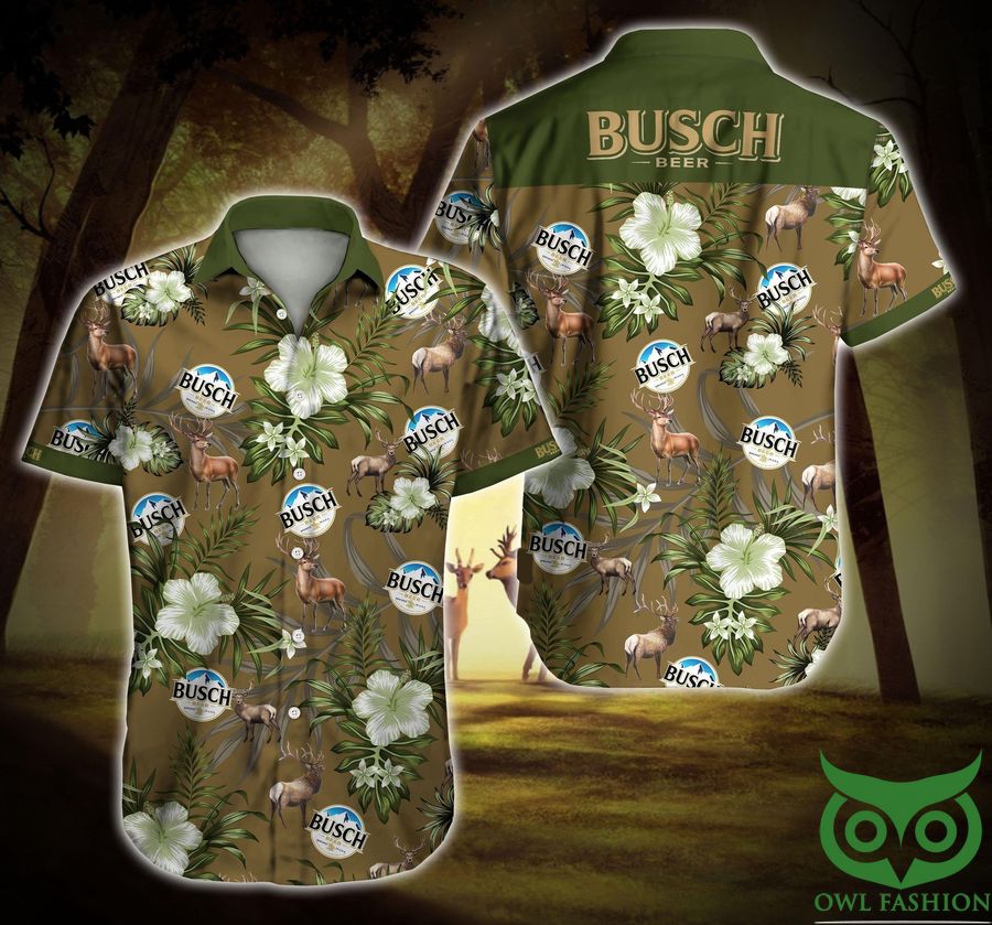 Busch Beer Deer Floral Brown and Green Hawaiian Shirt