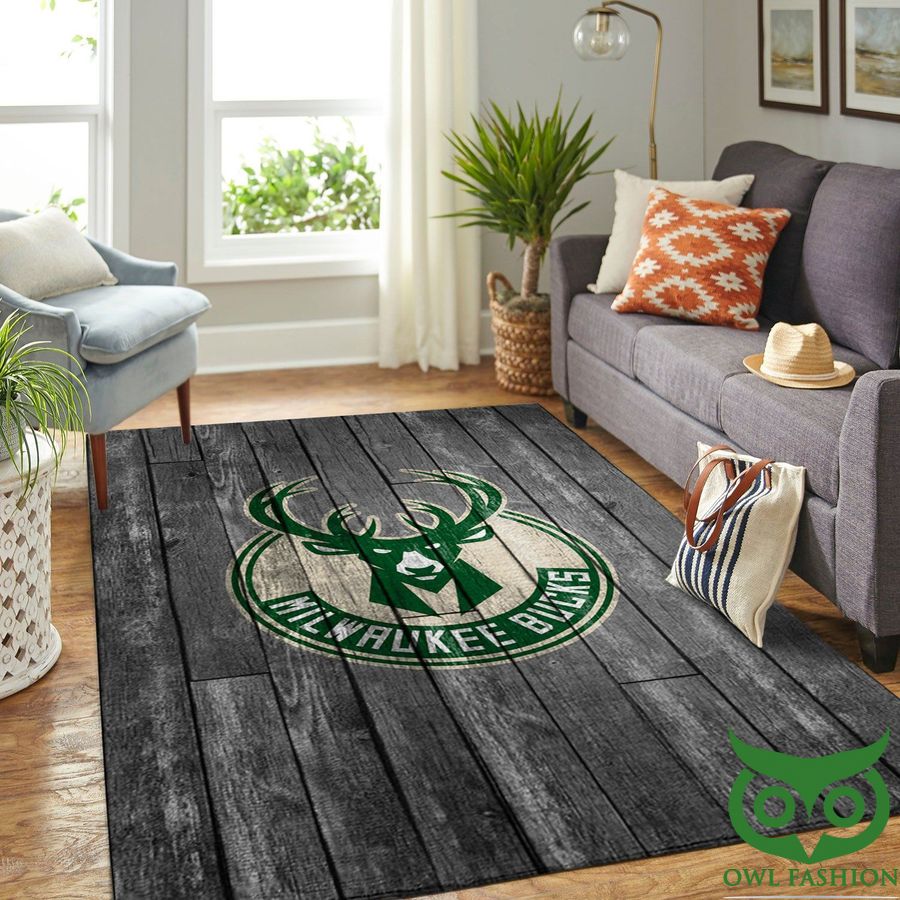 NBA Team Logo Milwaukee Bucks Grey Wooden Style Carpet Rug