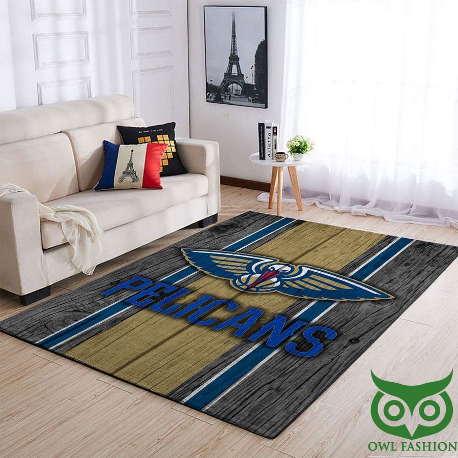 NBA Team Logo New Orleans Pelicans Beige and Blue and Gray Wooden Style Carpet Rug