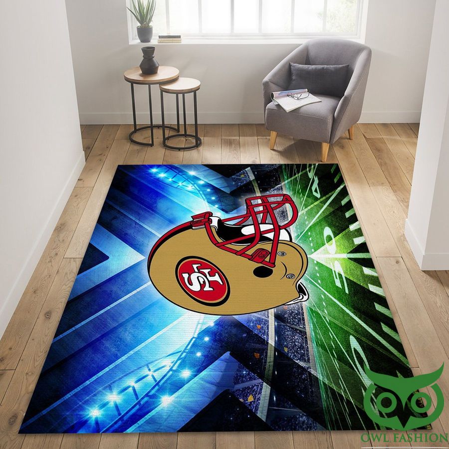 NFL Team Logo San Francisco 49ers Brown Helmet and Green Pitch Carpet Rug