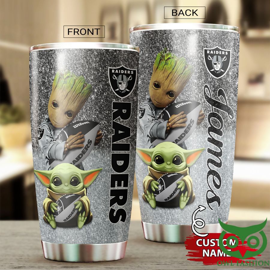 Custom Name Groot Oakland Raiders Light and Dark Silver Tumbler Cup