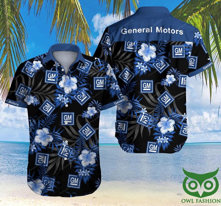 73 General Motors Floral Blue and Black Hawaiian Shirt