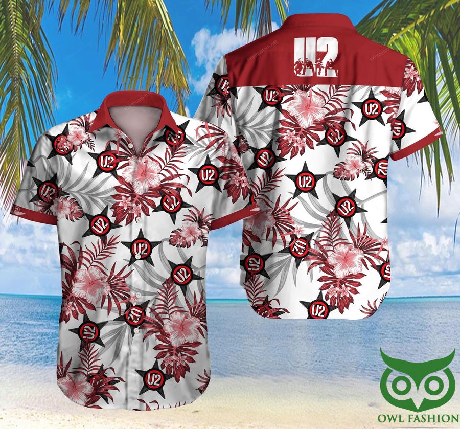 50 U2 Rock Band Logo Red Floral White Hawaiian Shirt