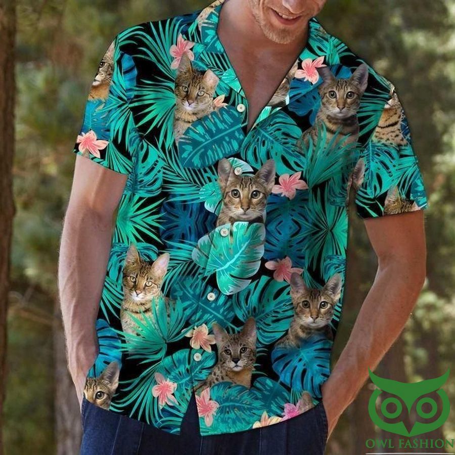 Tropical Cat and Flower Green Leaves Pink Flowers Hawaiian Shirt 