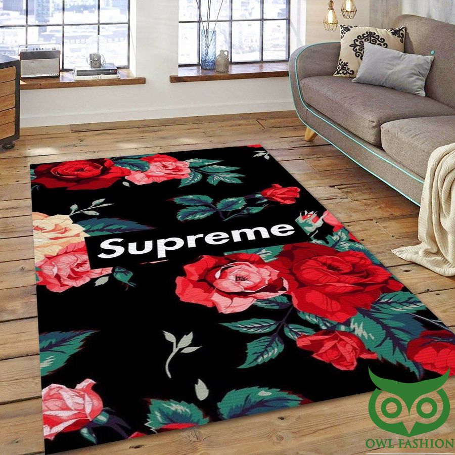 Gucci ft Supreme Black with Multiple Flowers Pattern Carpet Rug