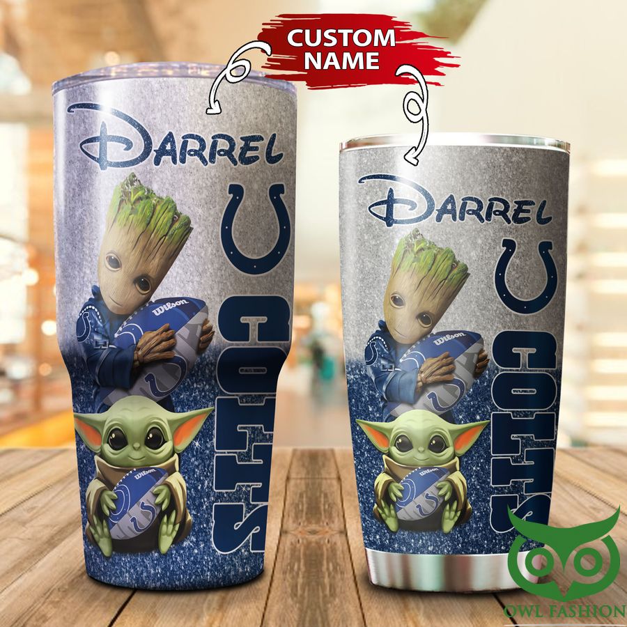 Custom Name Indianapolis Colts Dark Blue and Gray Groot Tumbler Cup