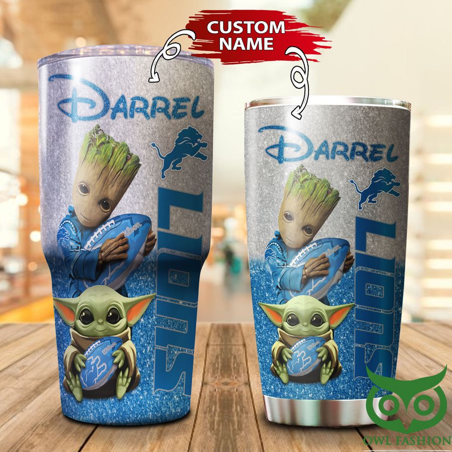 Custom Name Detroit Lions Bright Blue and Light Gray Groot Tumbler Cup