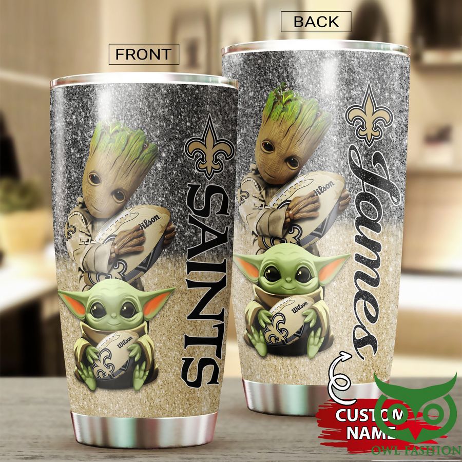 Custom Name Groot New Orleans Saints Silver and Light Yellow Tumbler Cup