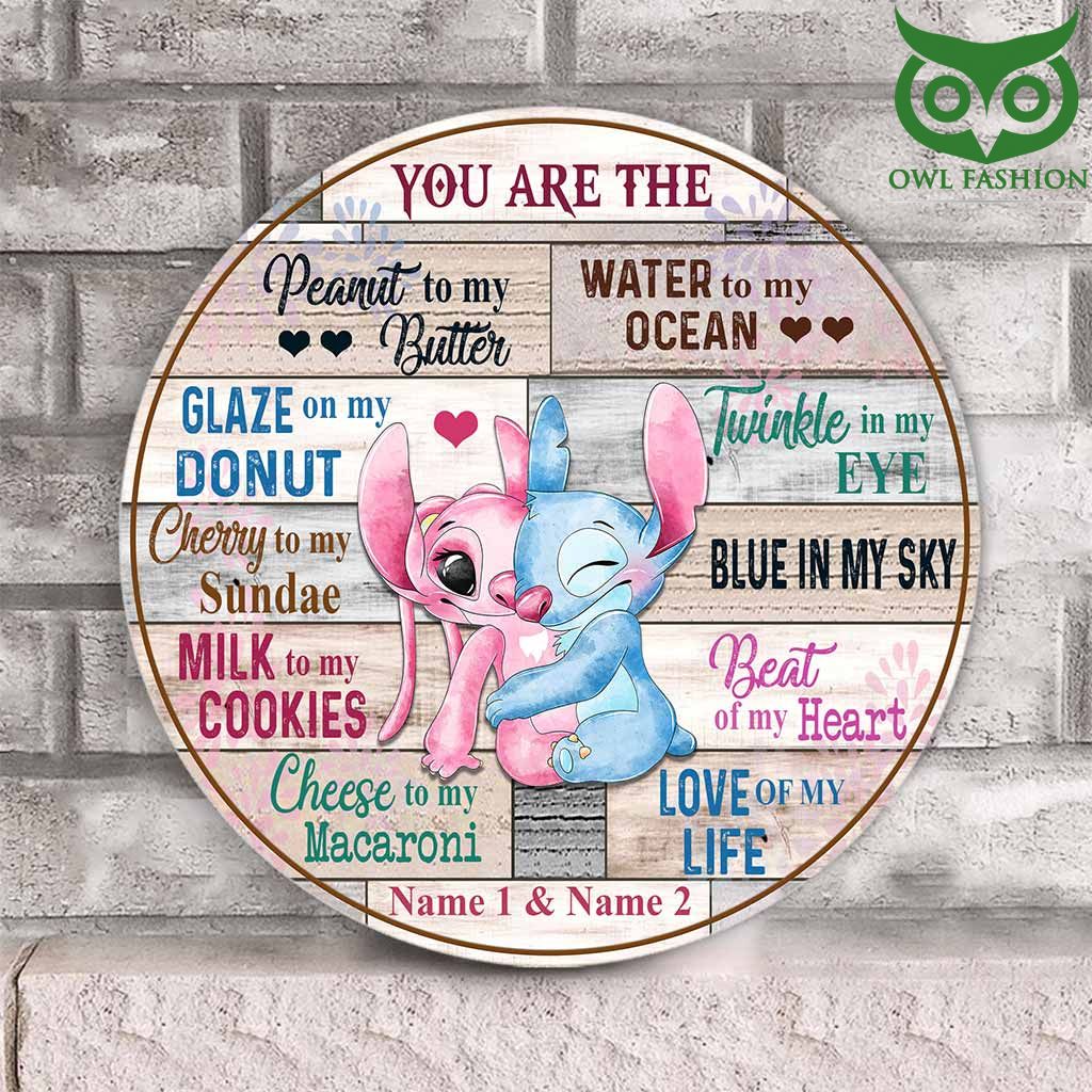 56 You Are The Love Of My Life Stitch and Angel Personalized Couple Round Wood Sign
