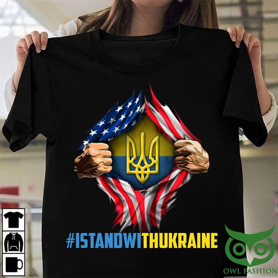 24 I Stand With Ukraine with American Flag Inside Ukraine Trident Flag Anti Putin 2D T shirt