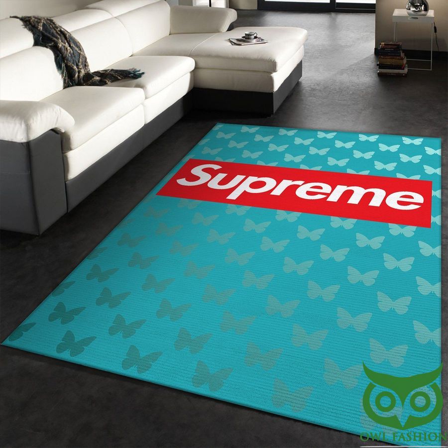 35 Supreme Luxury Brand with Buttlefly Blue Theme Red Logo Carpet Rug