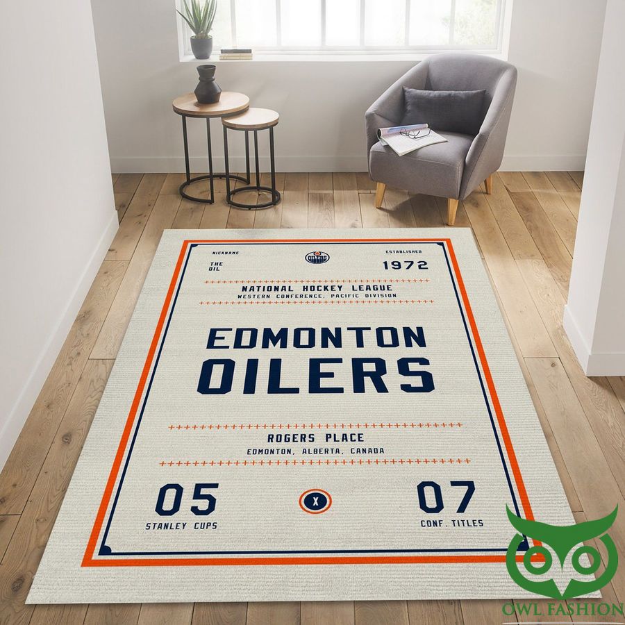 69 Edmonton Oilers NHL Team Logo Beige and Red and Blue Carpet Rug