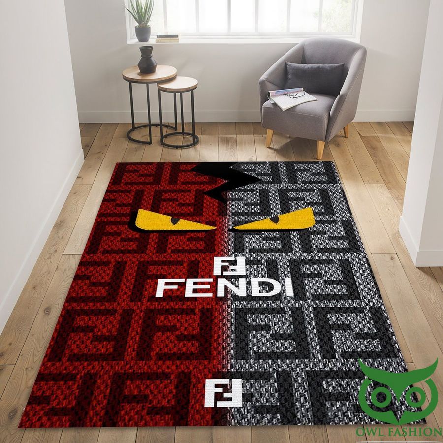 62 Fendi Luxury Brand Red and Gray with Yellow Eyes Logo Carpet Rug