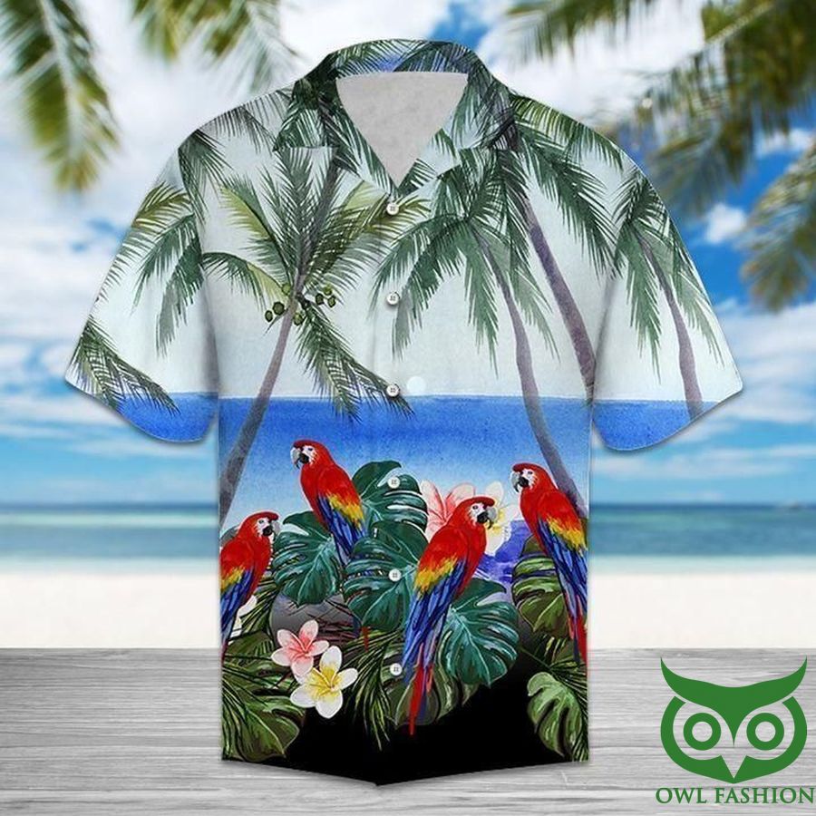 22 Beach hawaii Colorful Parrot and Coconut Trees Hawaiian Shirt
