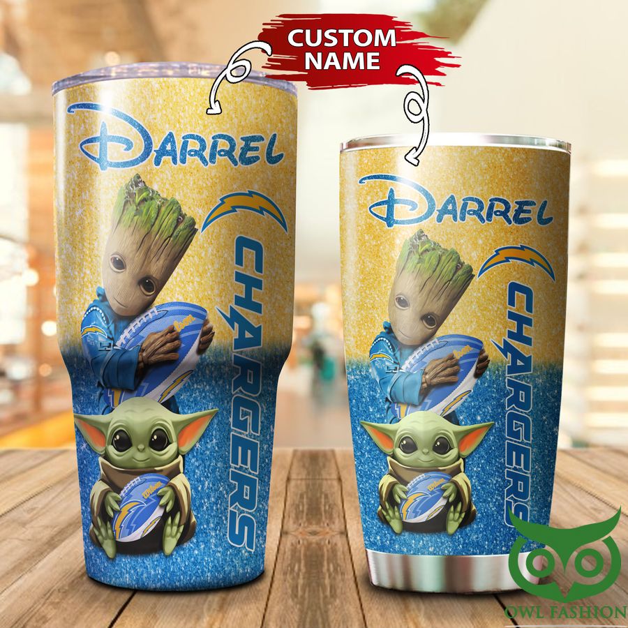 Custom Name Los Angeles Chargers Yellow and Blue Groot Tumbler Cup