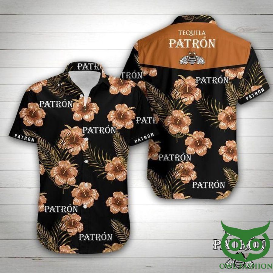 12 Tequila Patron Bronze Color and Black Floral Hawaiian Shirt