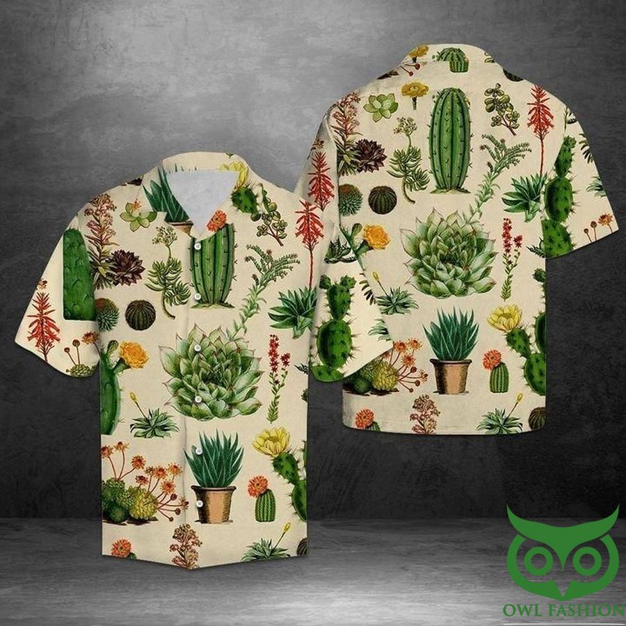 50 Flower Cactus Green and Beige Hawaiian Shirt