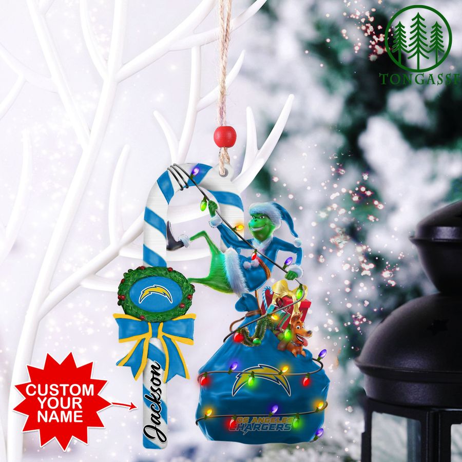 OnH0hzZB 46 Los Angeles Chargers NFL Custom Name Grinch Candy Cane Ornament 2 Side