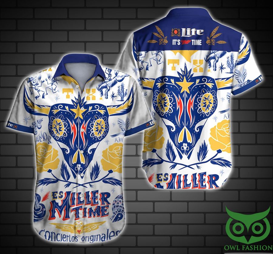 57 Miller Lite Beer Blue and Yellow and White Hawaiian Shirt