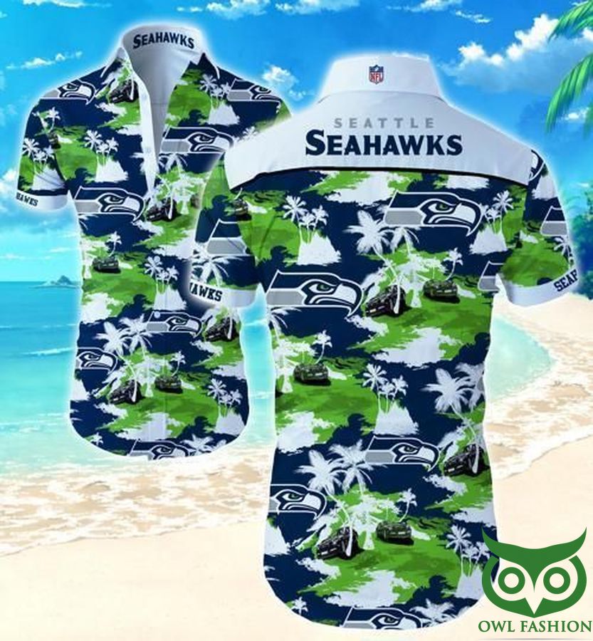 57 Seattle Seahawks Coconut Tree Green and Dark Blue Hawaiian Shirt