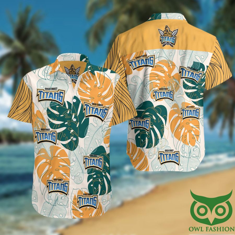 20 NRL Gold Coast Titans Orange and Green Leaves Beige Hawaiian Shirt
