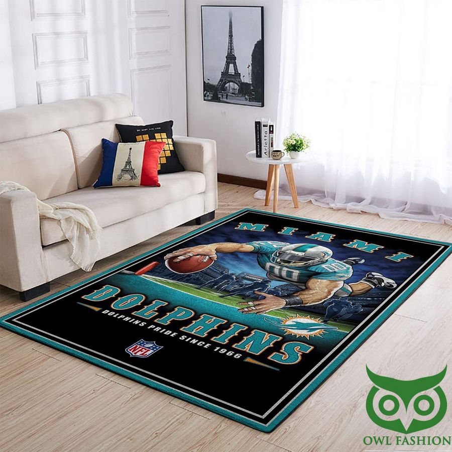 Miami Dolphins NFL Team Logo with Player on Pitch Carpet Rug