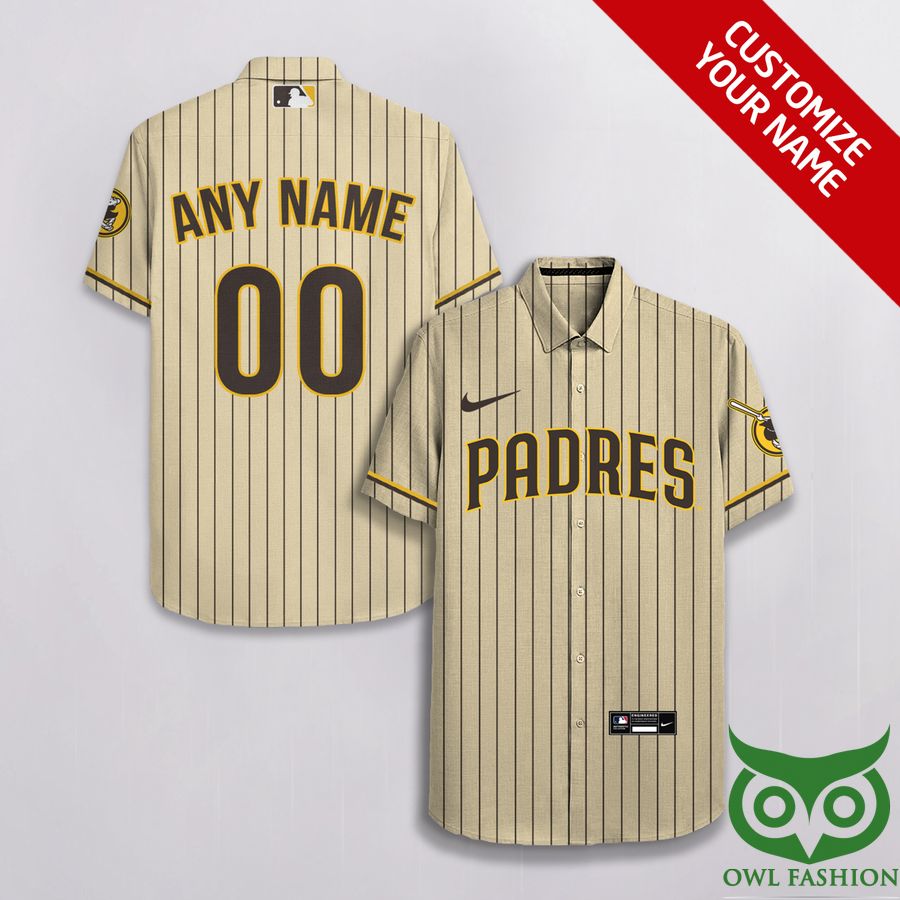 84 Custom Name Number San Diego Padres Beige and Brown Stripes Hawaiian Shirt
