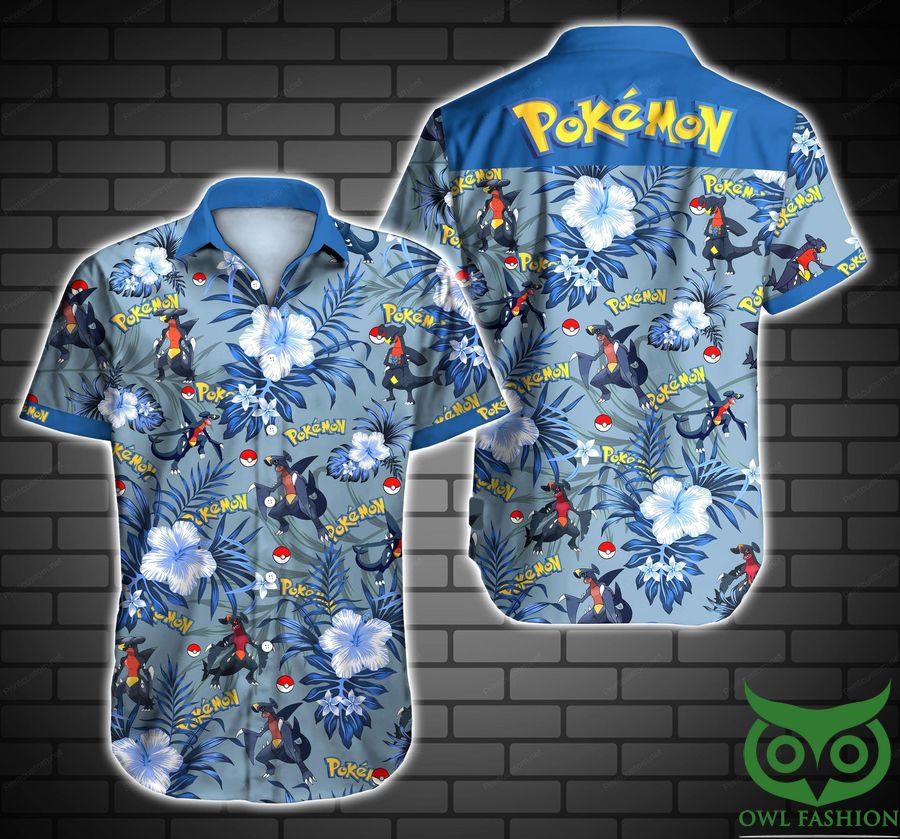 58 Garchomp Pokemon Blue Floral Tropical Hawaiian Shirt