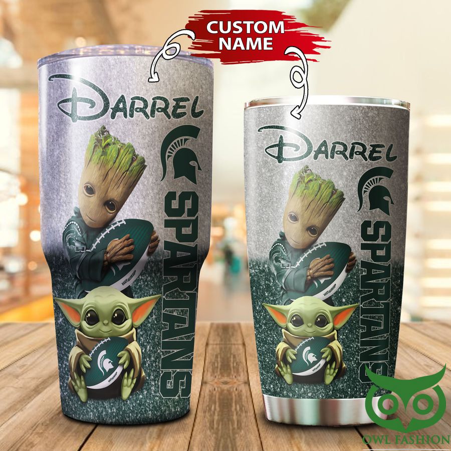 100 Custom Name Michigan State Spartans Dark Green and Gray Groot Tumbler Cup