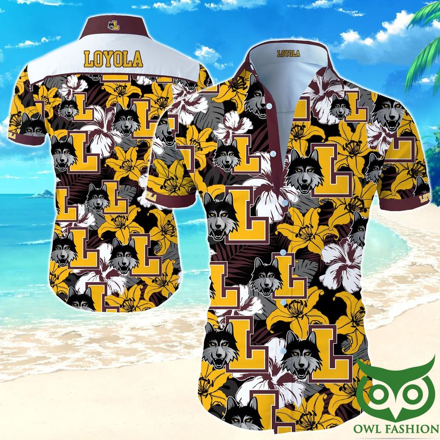 4 NCAA Loyola Ramblers Black and Yellow Flowers Hawaiian Shirt