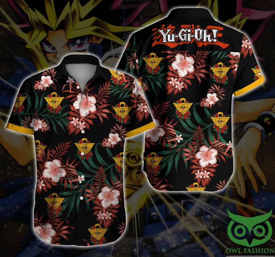32 Yugi Anime Red and Green Floral Black Hawaiian Shirt
