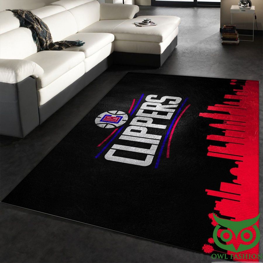62 Los Angeles Clippers NBA Team Logo Black with Red Skyscrapers Carpet Rug