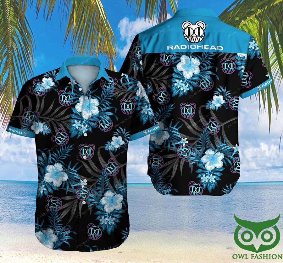 60 Radiohead Rock Band Logo Blue Floral Black Hawaiian Shirt
