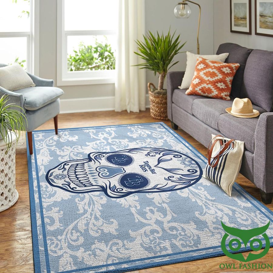 35 MLB Team Logo Tampa Bay Rays Skull Style Blue Flowers Carpet Rug