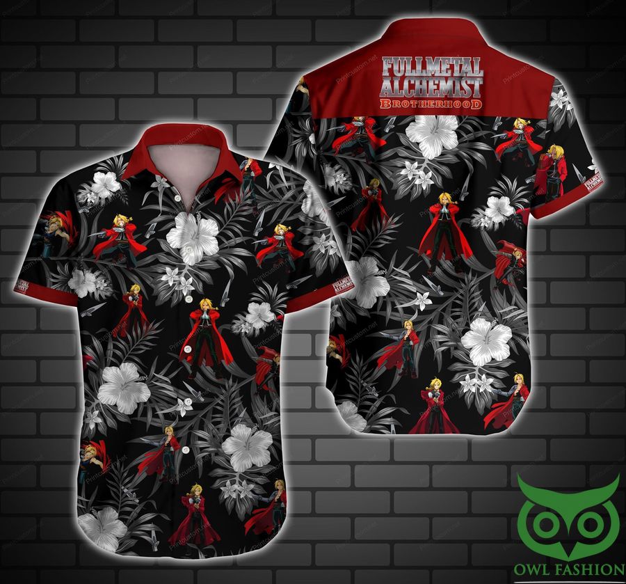 34 Fullmetal Alchemist Brotherhood Floral Black Hawaiian Shirt