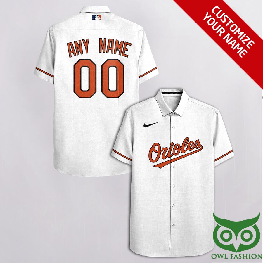 143 Custom Name Number Baltimore Orioles Dark Orange Logo White Hawaiian Shirt