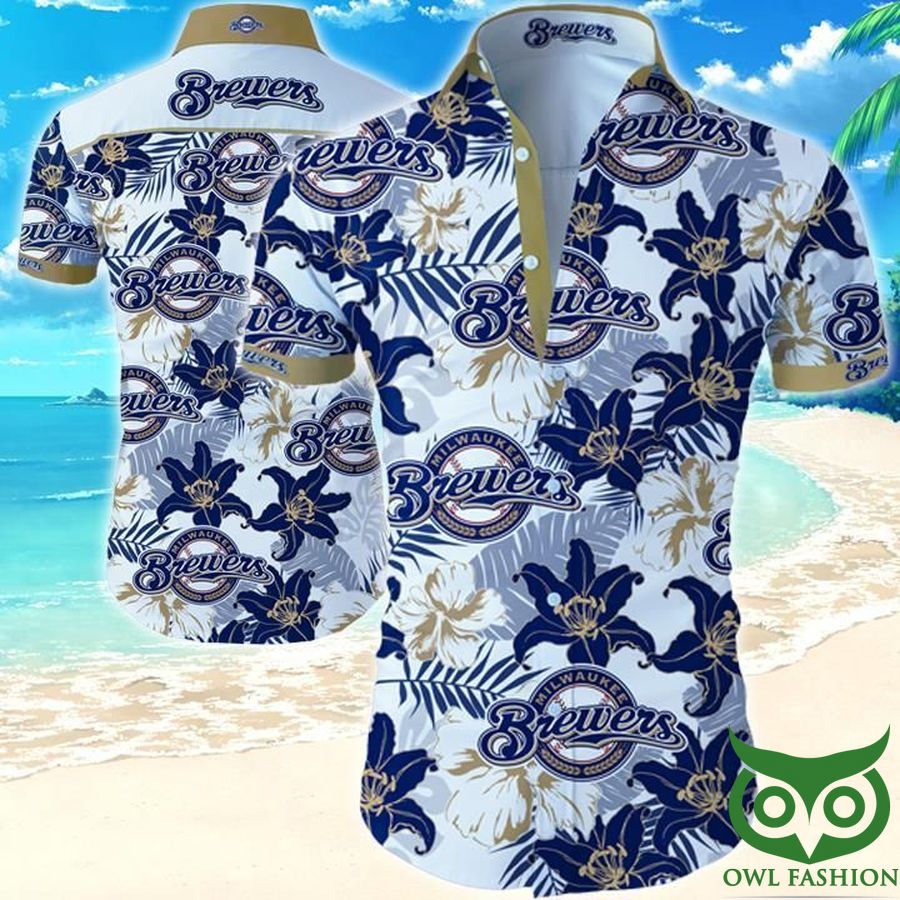 16 MLB Milwaukee Brewers Floral White and Dark Blue Hawaiian Shirt