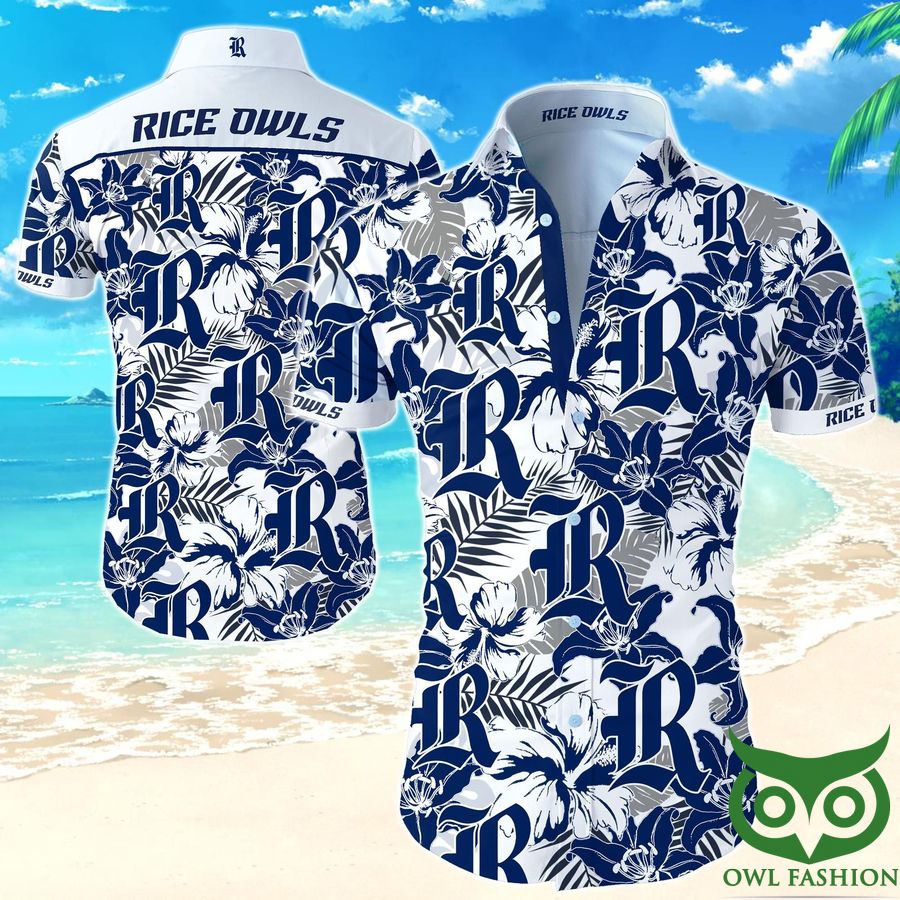 5 NCAA Rice Owls White and Dark Blue Flowers Hawaiian Shirt