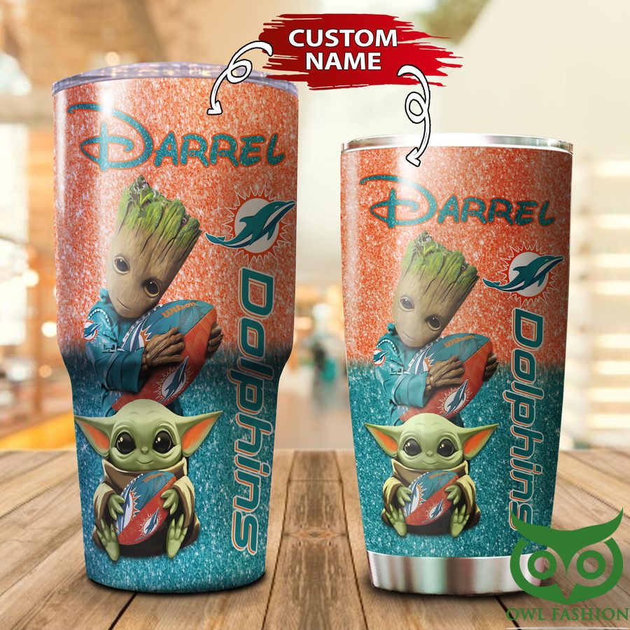 99 Custom Name Miami Dolphins Orange and Turquoise Groot Tumbler Cup